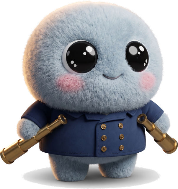 Mira, the observer, a companion with blue-gray fur and a telescope